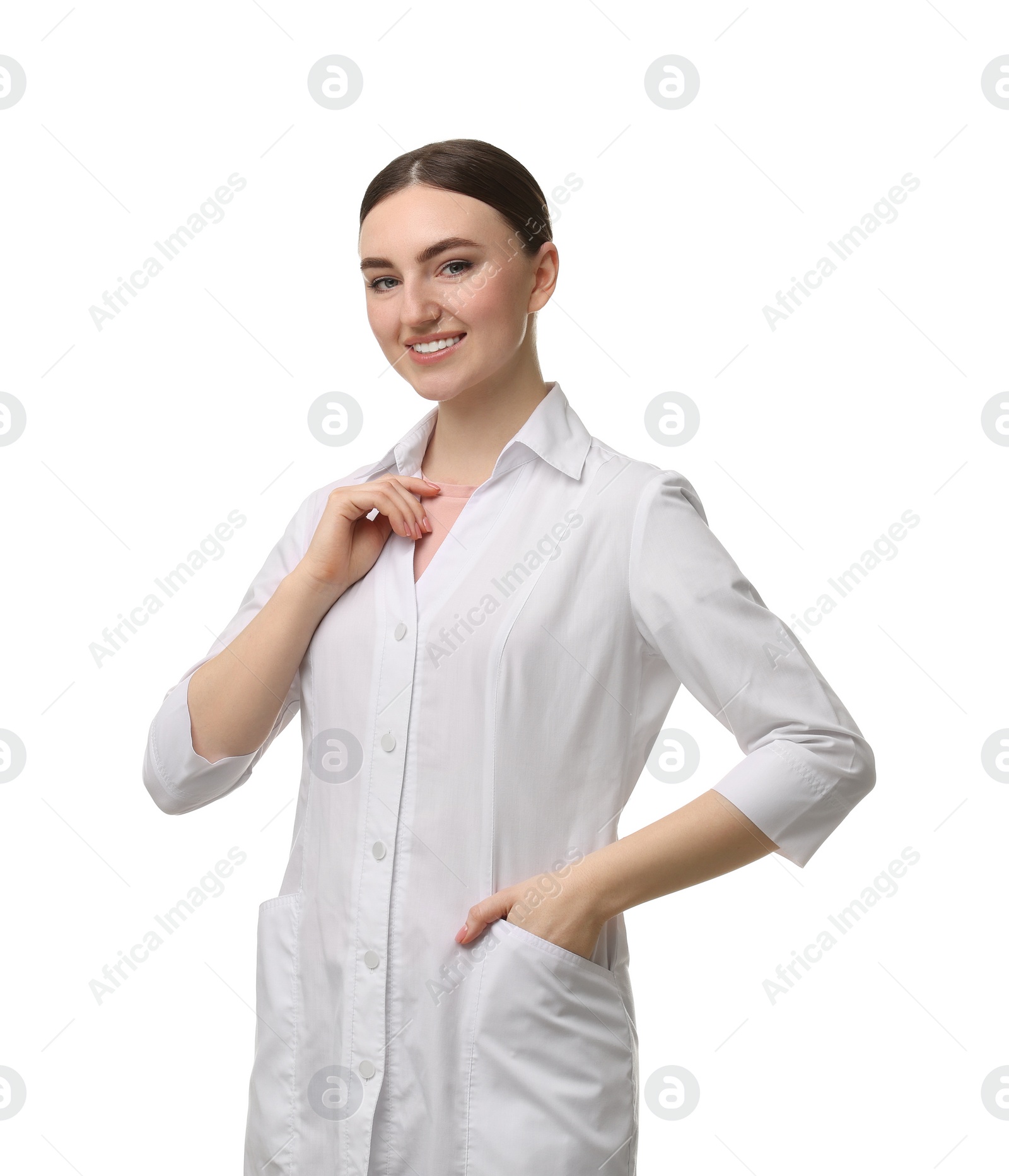 Photo of Cosmetologist in medical uniform on white background