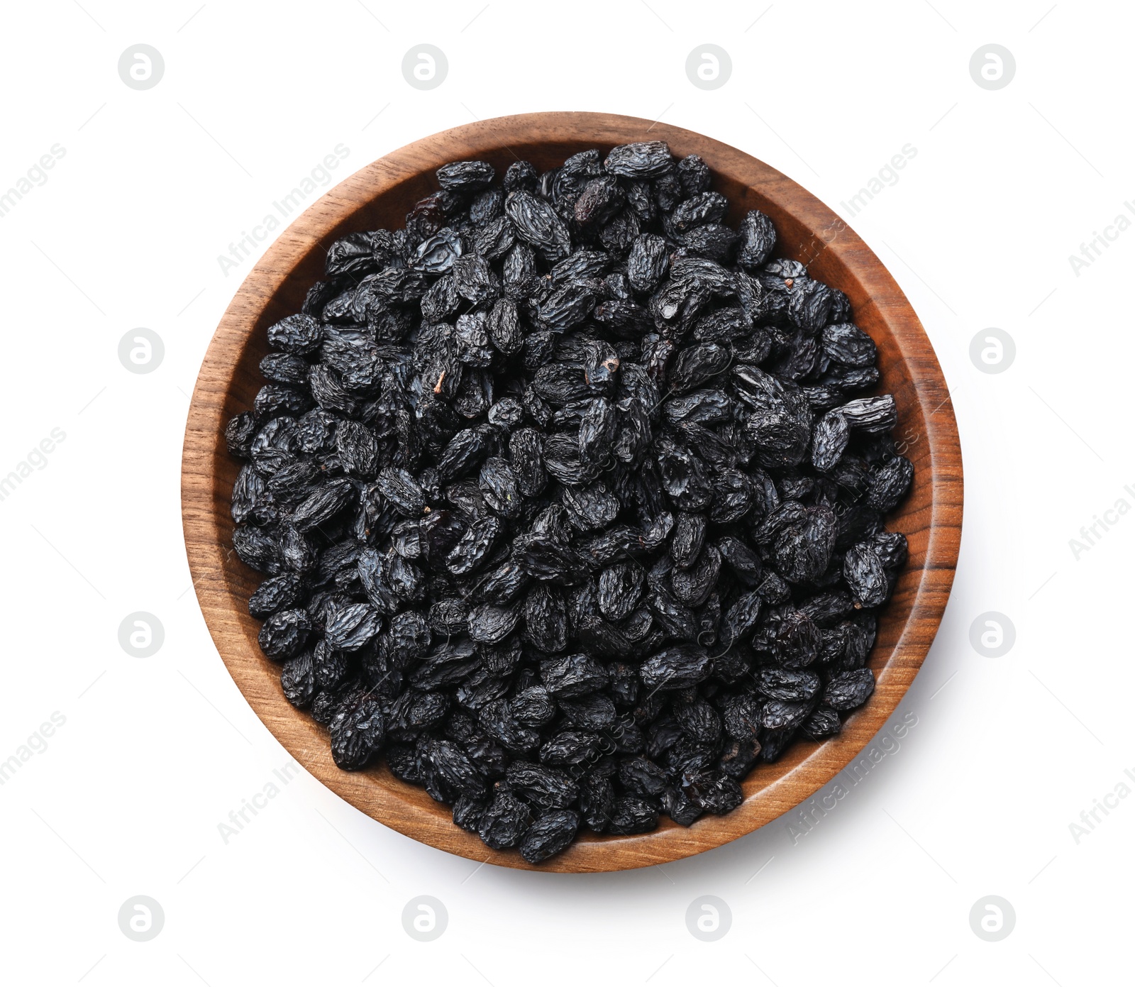 Photo of Bowl with raisins on white background, top view. Dried fruit as healthy snack