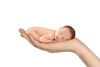 Surrogacy concept. Woman holding adorable newborn baby on white background, closeup