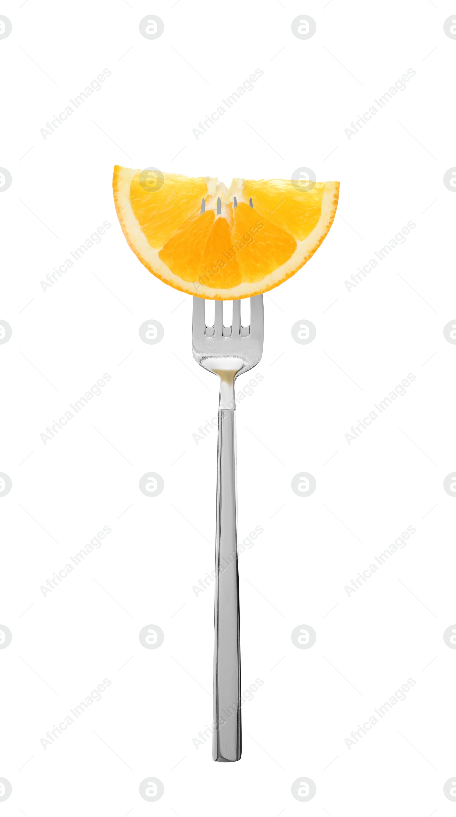 Image of Fork with piece of orange isolated on white