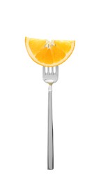 Image of Fork with piece of orange isolated on white