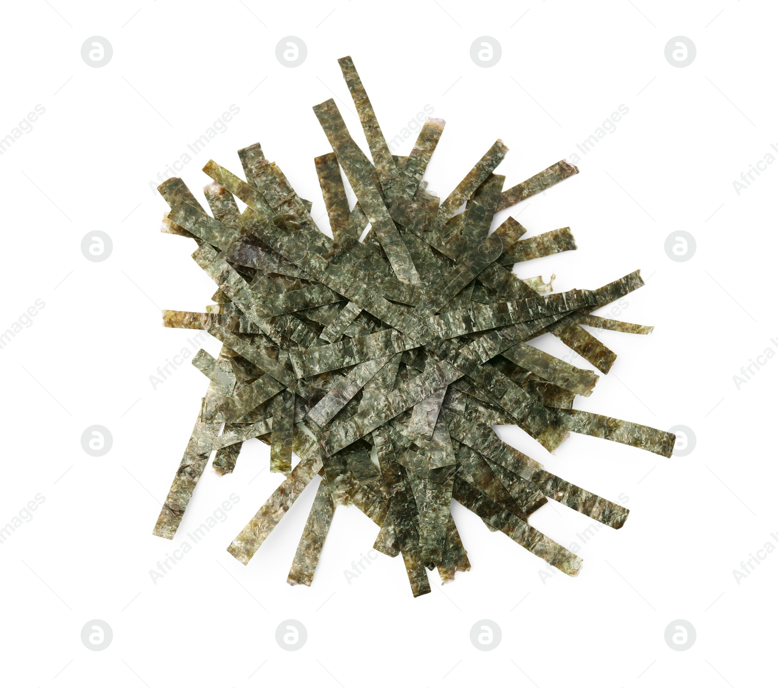 Photo of Pile of chopped crispy nori sheets isolated on white, top view