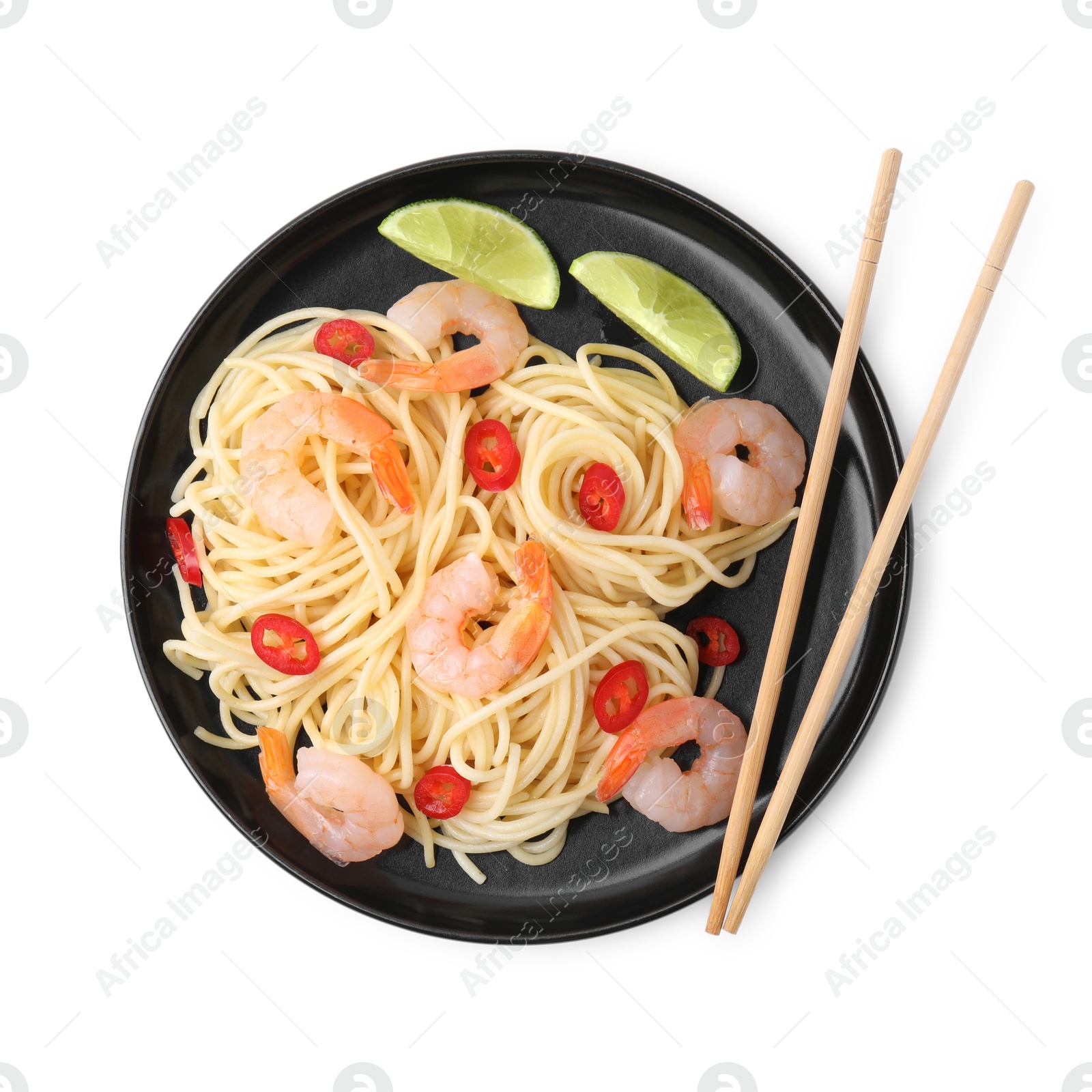 Photo of Tasty spaghetti with shrimps, chili pepper and lime isolated on white, top view