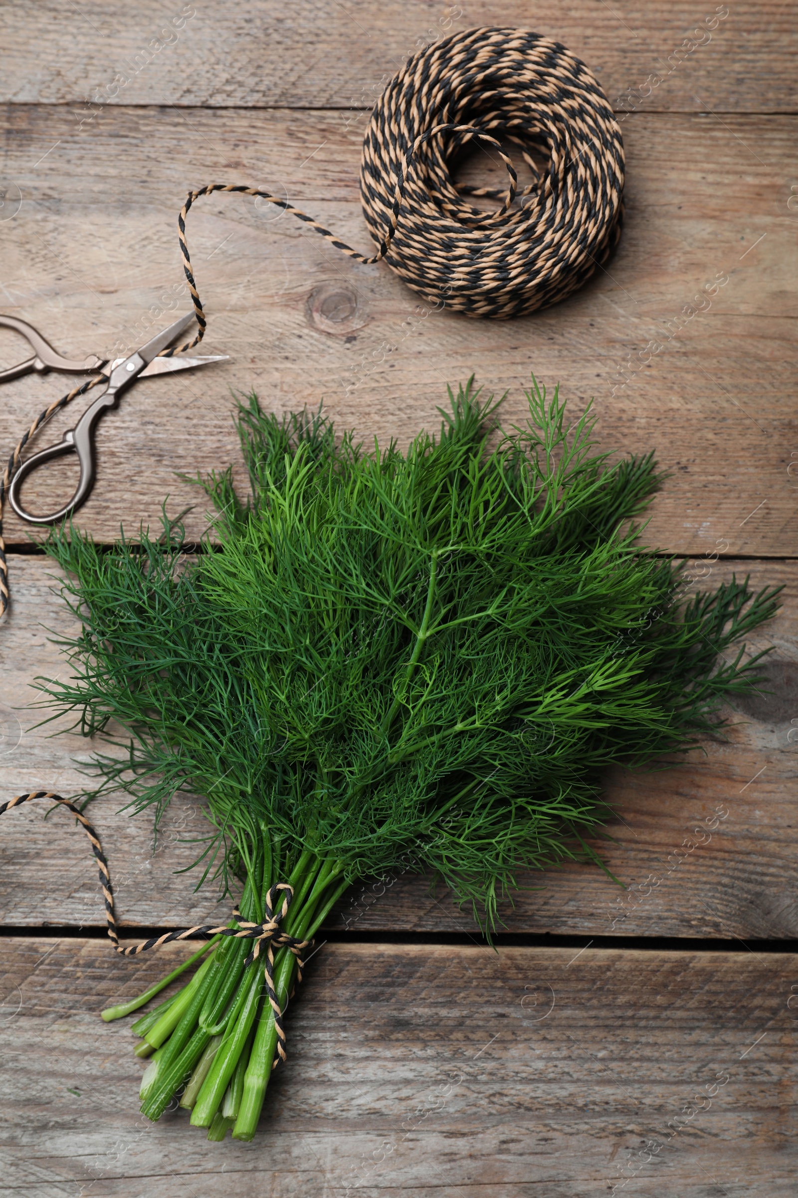 Photo of Fresh dill and twine on wooden table, flat lay