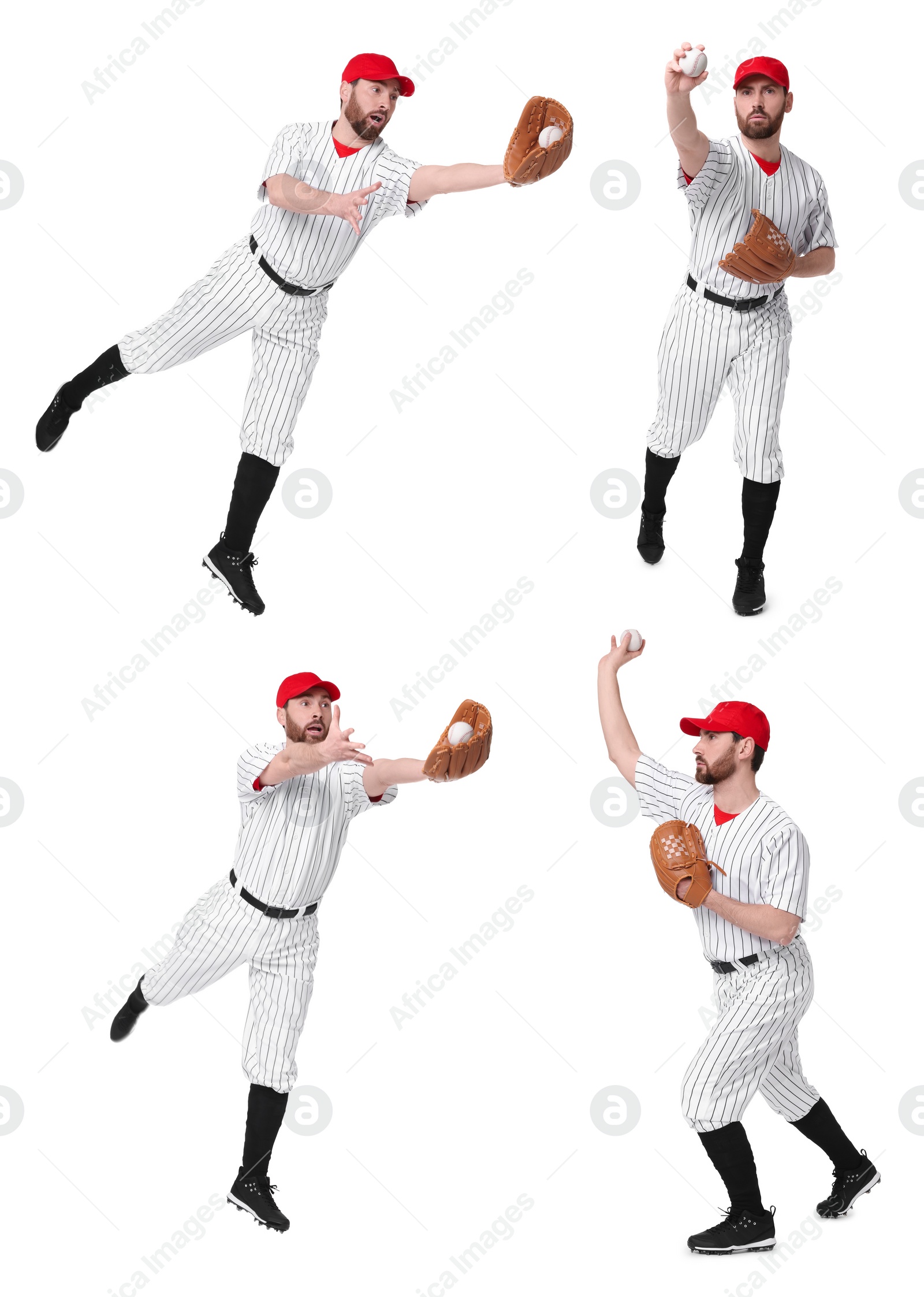 Image of Baseball player with leather glove and ball on white background, set of photos