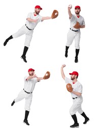 Baseball player with leather glove and ball on white background, set of photos