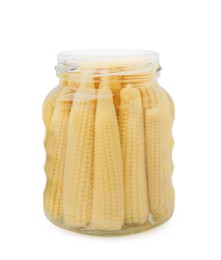 Photo of Jar of pickled baby corn isolated on white