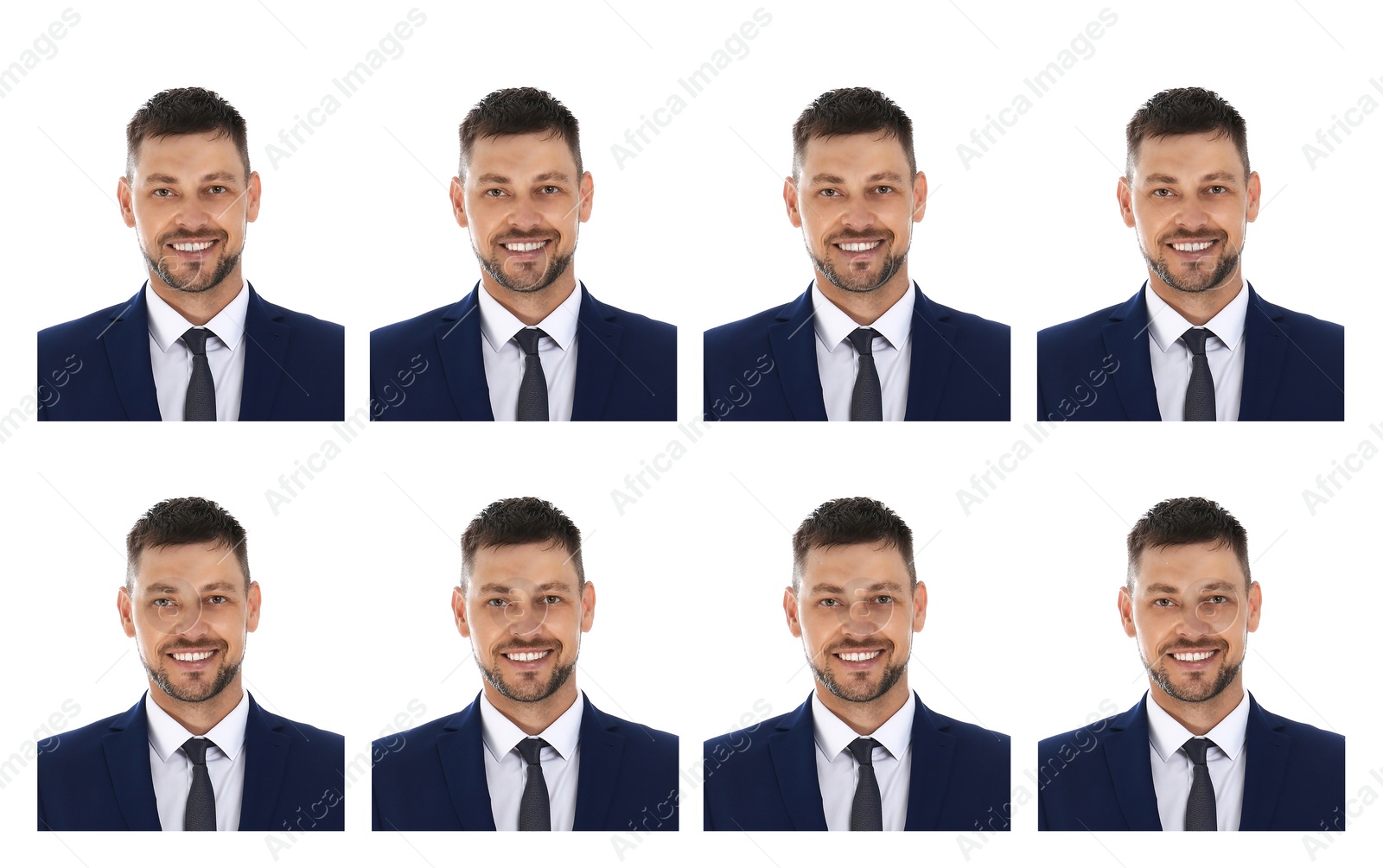 Image of Passport photo, collage. Man on white background, set of photos