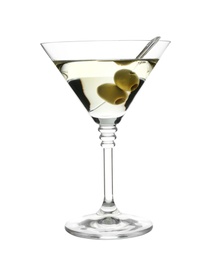 Photo of Glass of classic martini cocktail with olives on white background