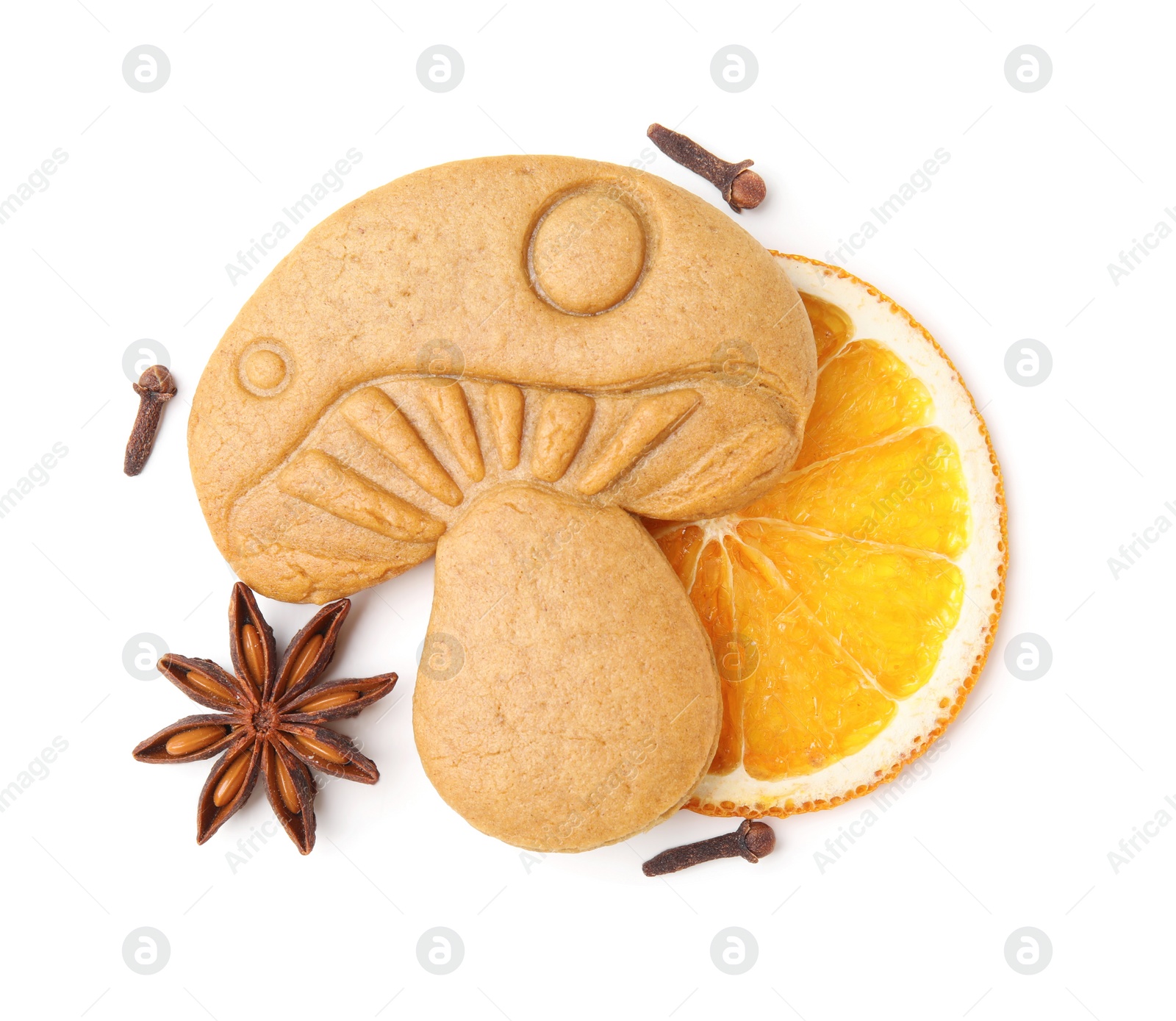 Photo of Tasty cookie in shape of mushroom on white background, top view