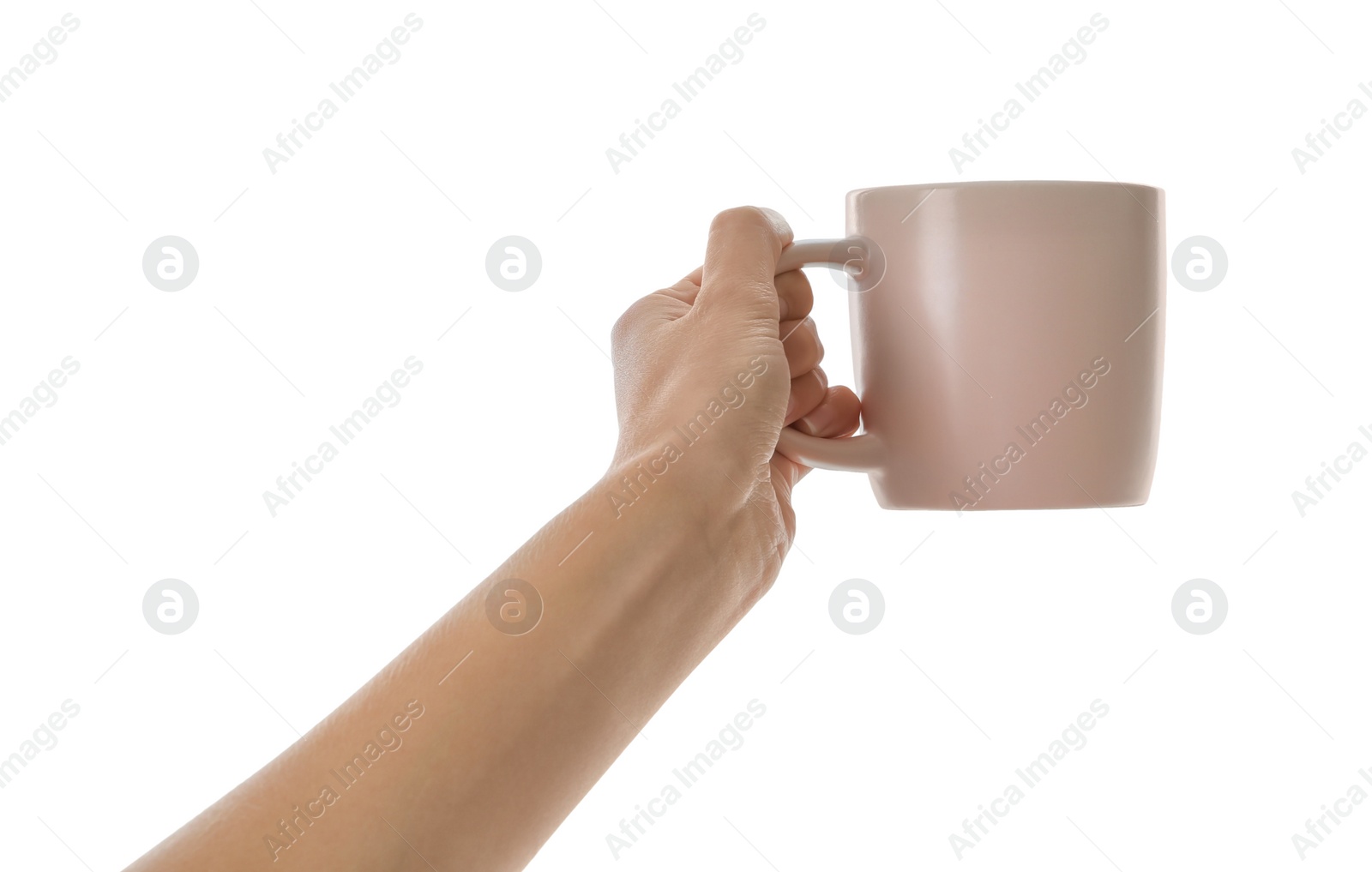 Photo of Woman holding elegant beige cup on white background, closeup