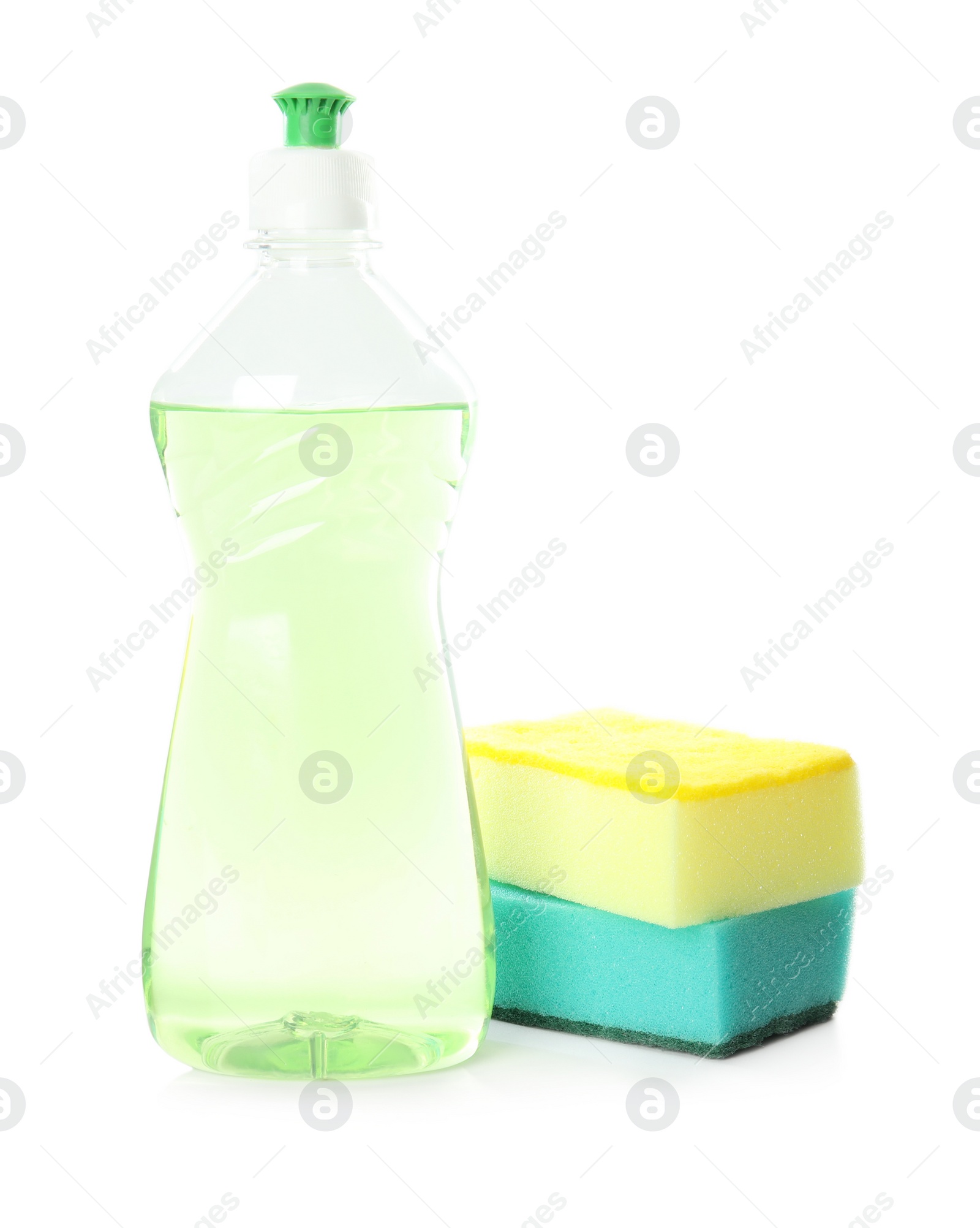 Photo of Cleaning supply and sponges for dish washing on white background