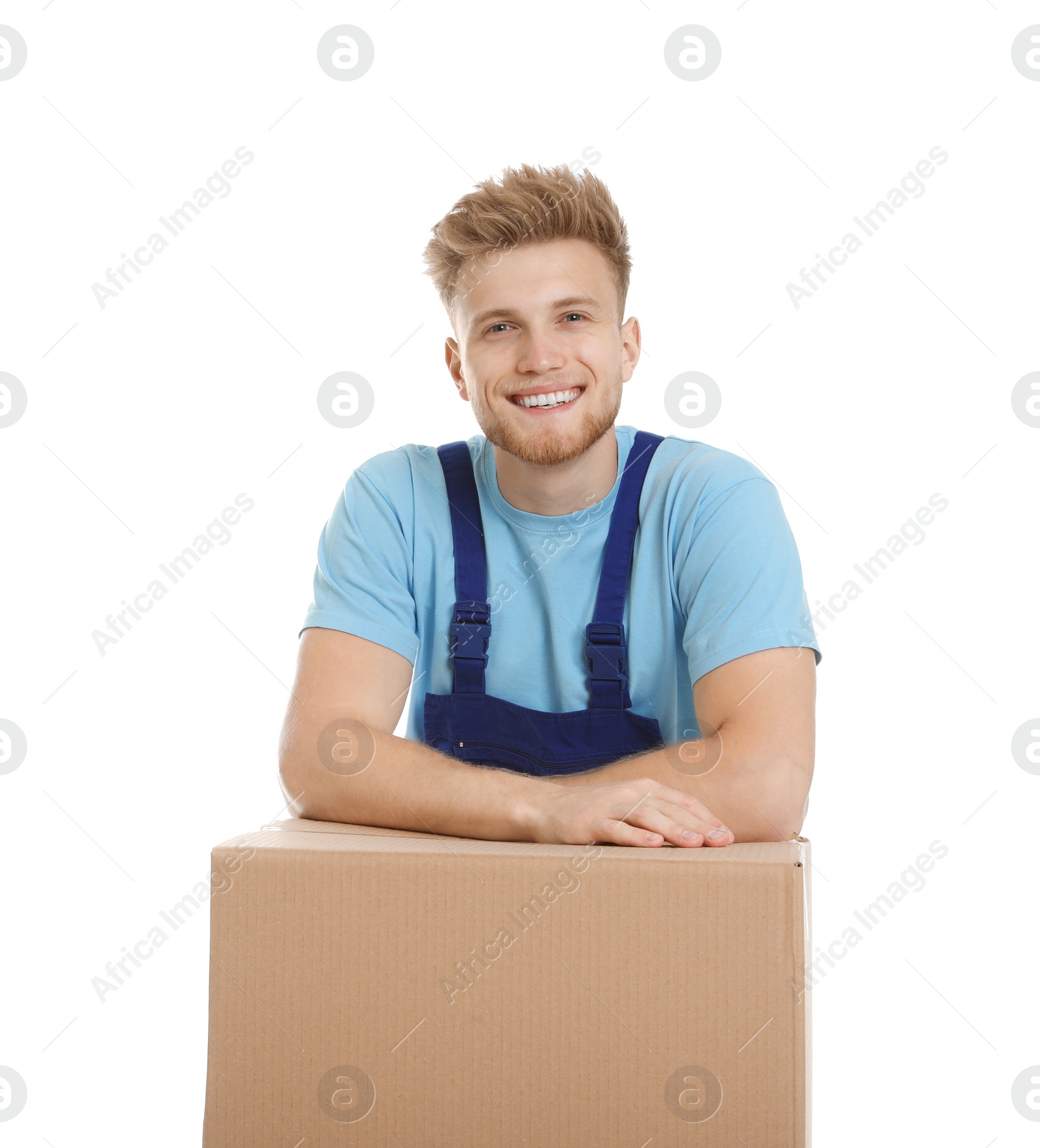 Photo of Portrait of moving service employee with cardboard box on white background