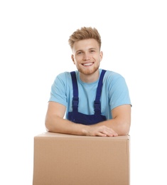 Portrait of moving service employee with cardboard box on white background