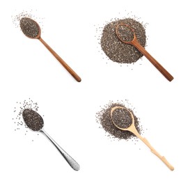 Image of Set with chia seeds on white background, top view