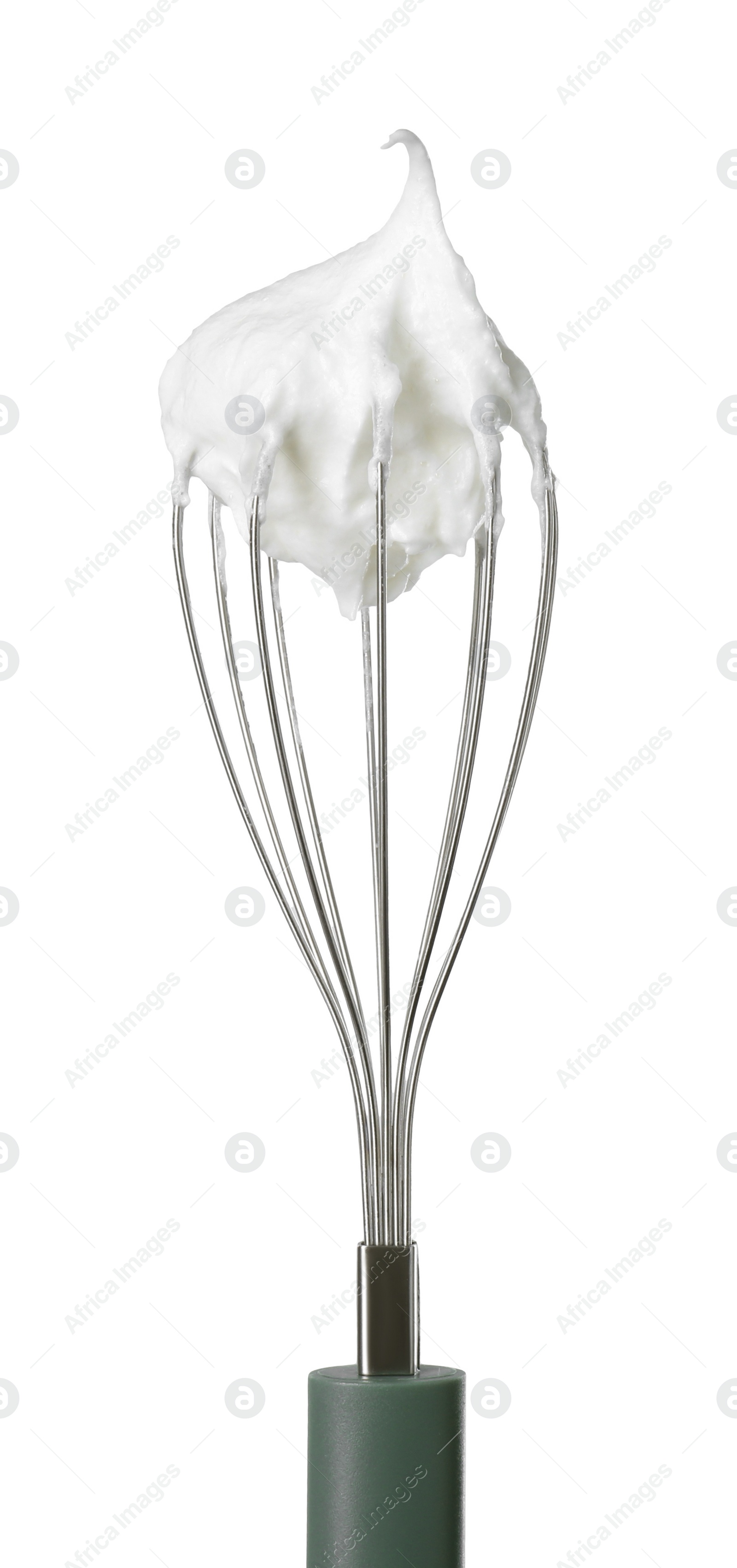 Photo of Whisk with whipped egg whites isolated on white