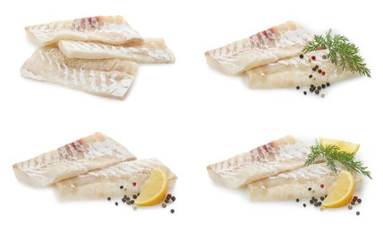 Pieces of raw cod fish isolated on white, set