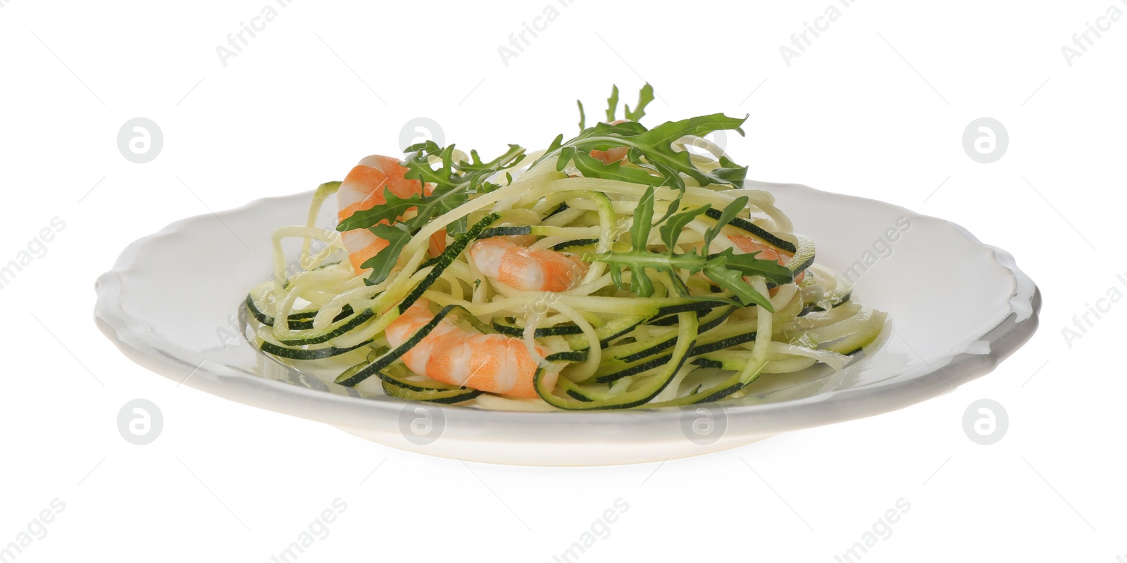 Photo of Tasty zucchini pasta with shrimps and arugula isolated on white