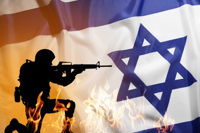 Silhouette of military, flag of Israel and flame, double exposure