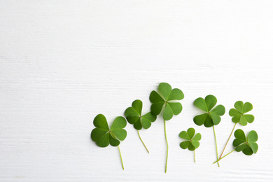 Clover leaves on white wooden table, flat lay with space for text. St. Patrick's Day symbol