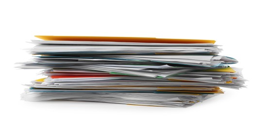 Stack of different files with documents on white background