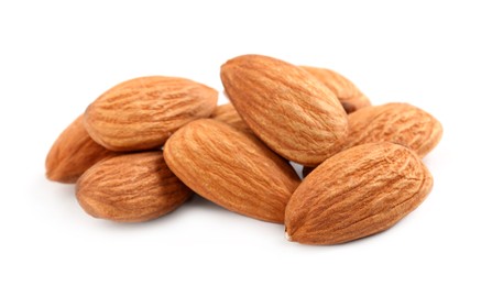 Organic almond nuts on white background. Healthy snack