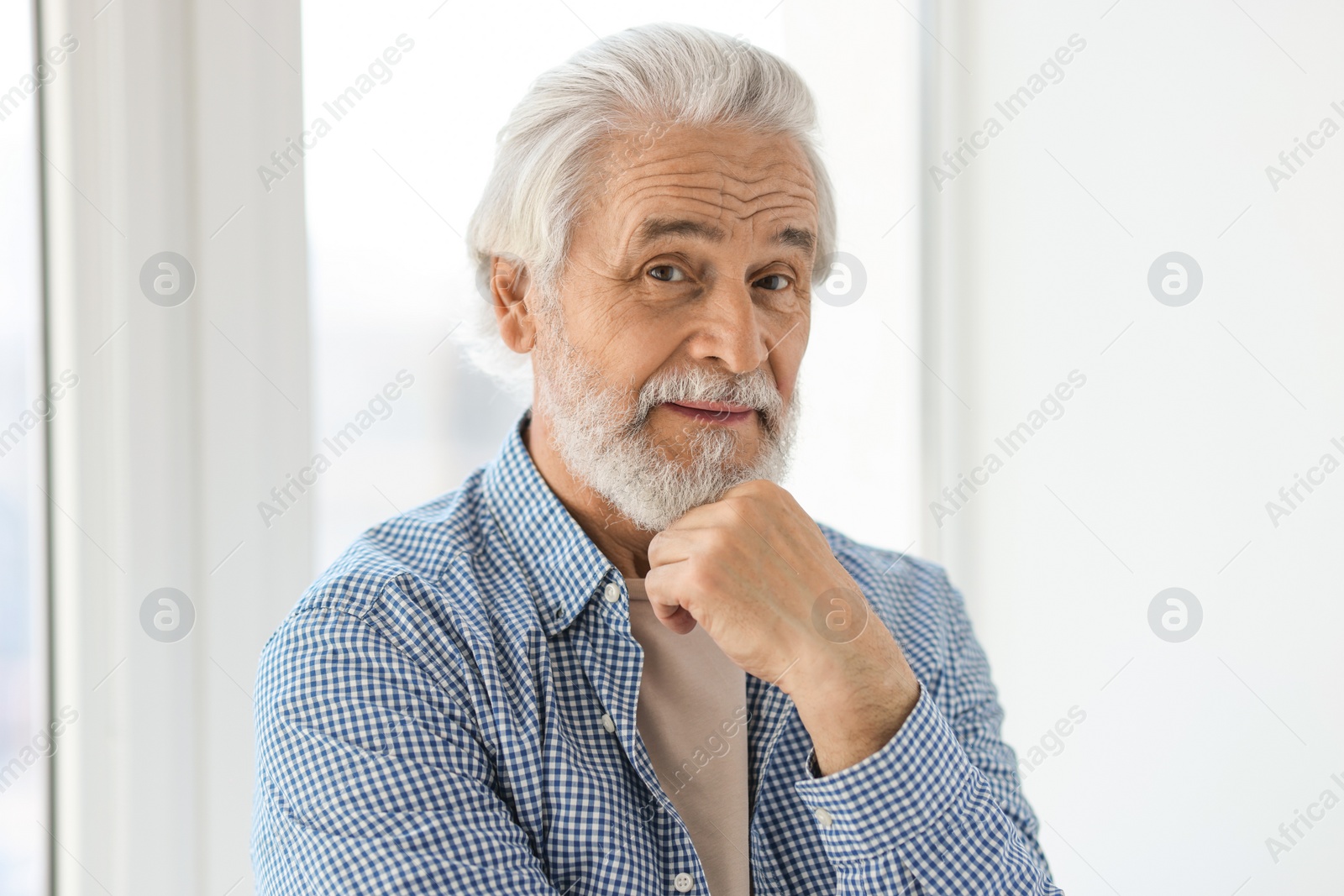 Photo of Portrait of happy grandpa with grey hair near window indoors