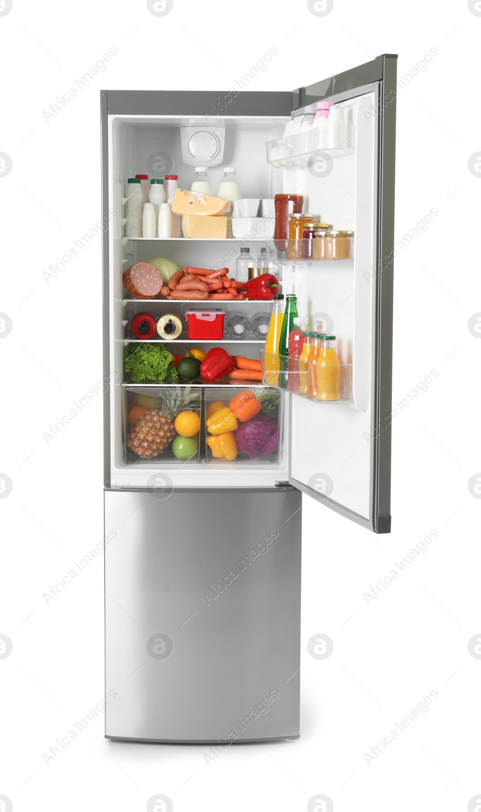 Photo of Open refrigerator with many different products on white background