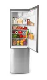 Open refrigerator with many different products on white background