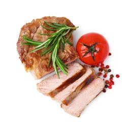 Photo of Delicious fried meat with rosemary, tomato and spices on white background, top view