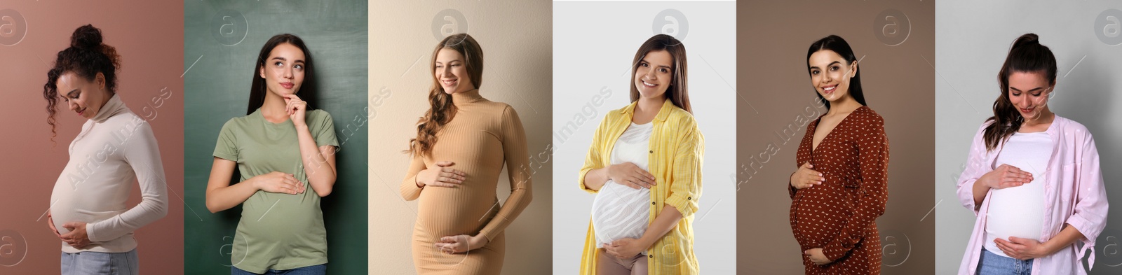 Image of Collage with photos of beautiful pregnant women on different color backgrounds. Banner design