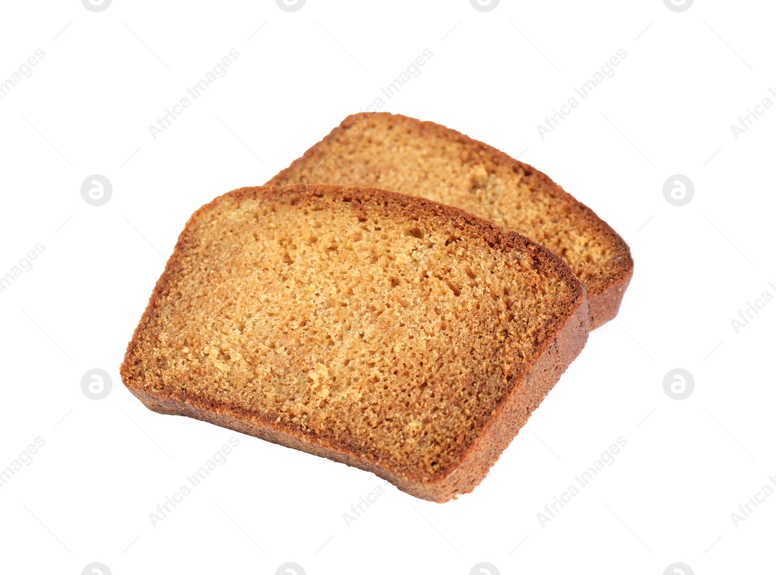 Photo of Slices of fresh gingerbread cake on white background