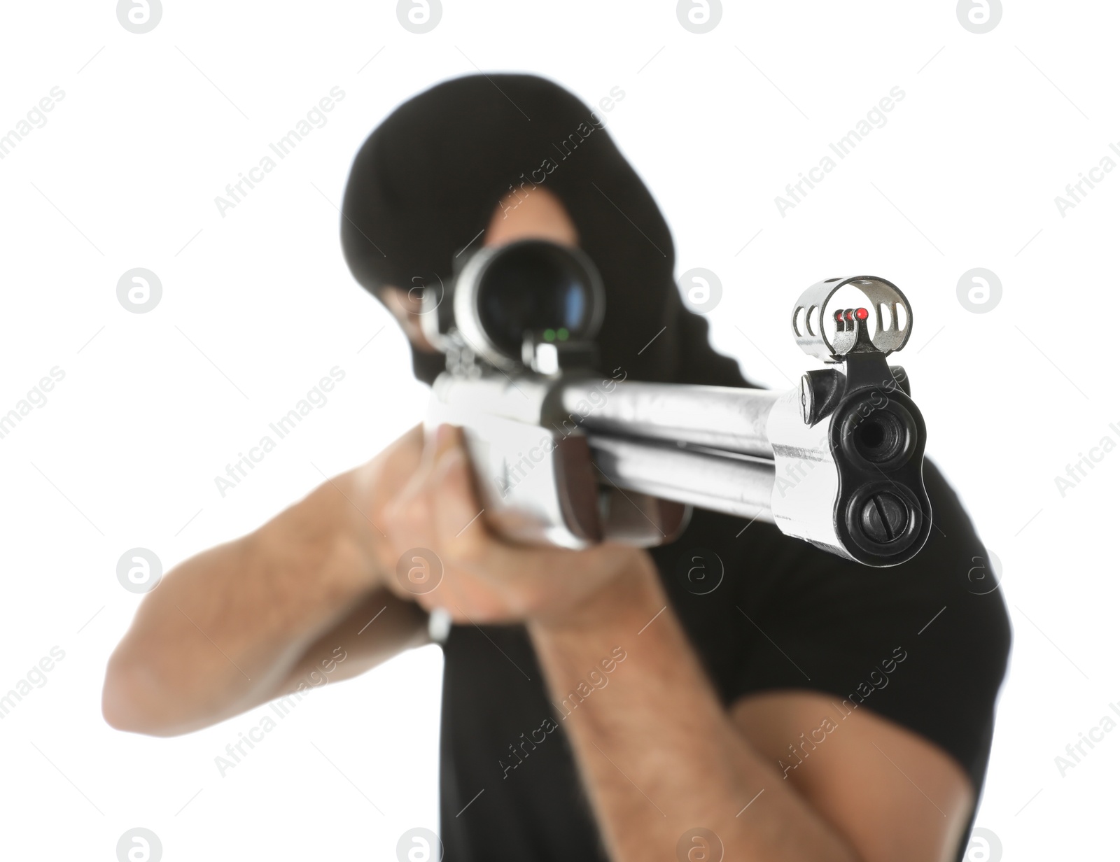 Photo of Professional killer with sniper rifle on white background