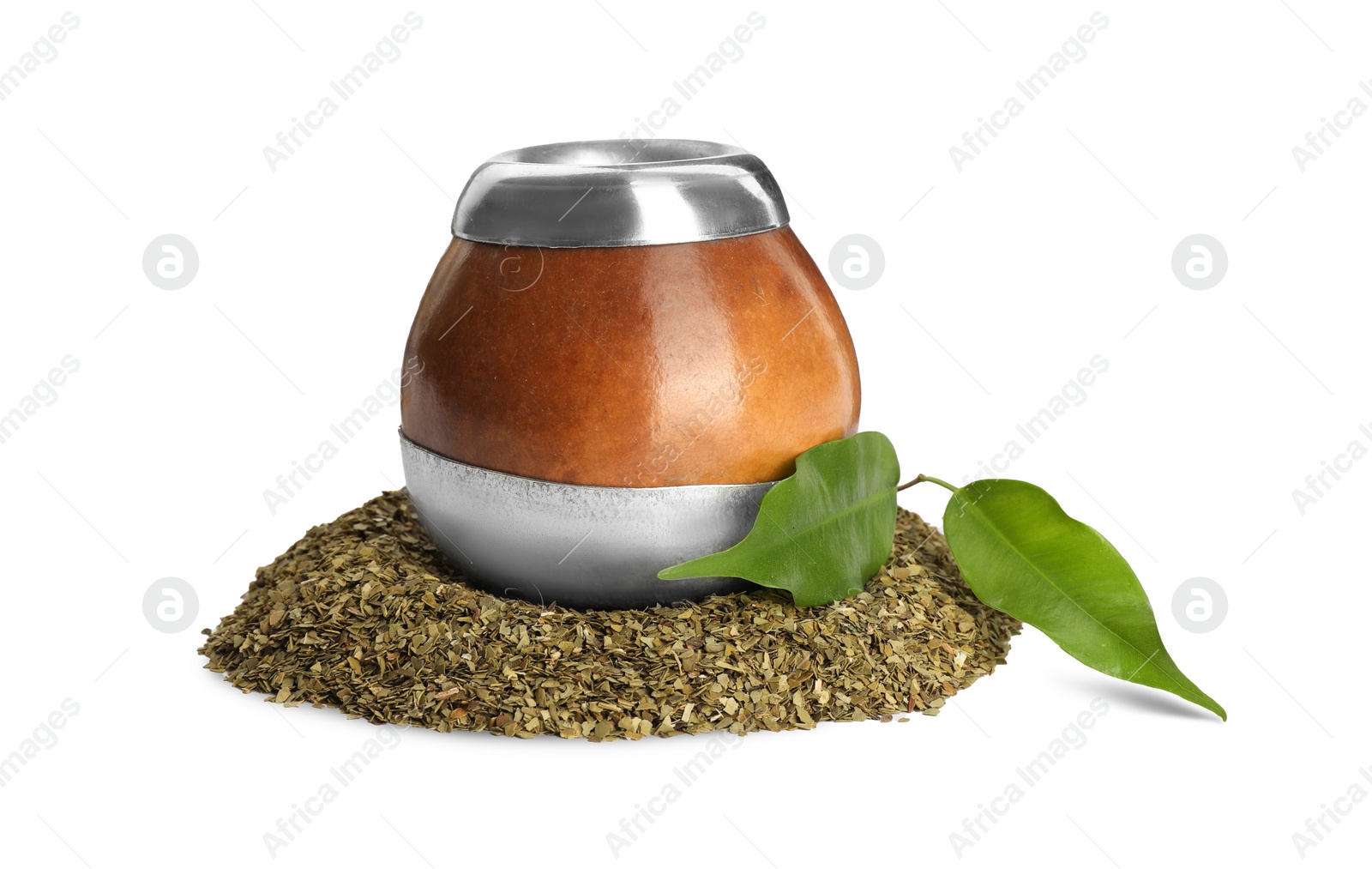 Photo of Calabash with mate tea on white background