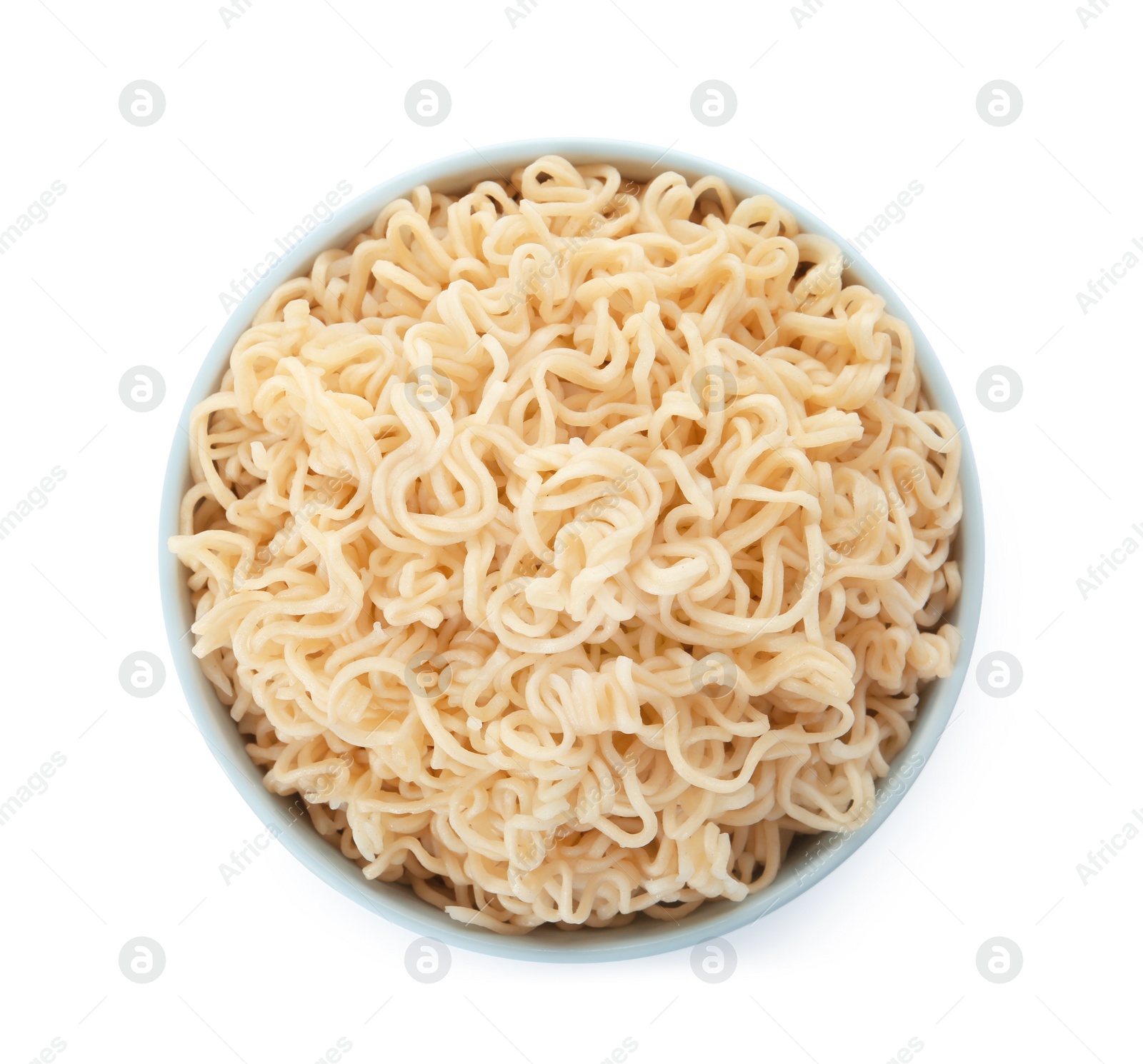 Photo of Tasty instant noodles in bowl isolated on white, top view