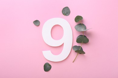 Paper number 9 and eucalyptus leaves on pink background, flat lay