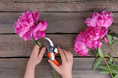 Photo of Woman trimming beautiful pink peonies with secateurs at wooden table, top view