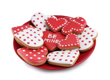 Photo of Delicious heart shaped cookies on white background. Valentine's Day