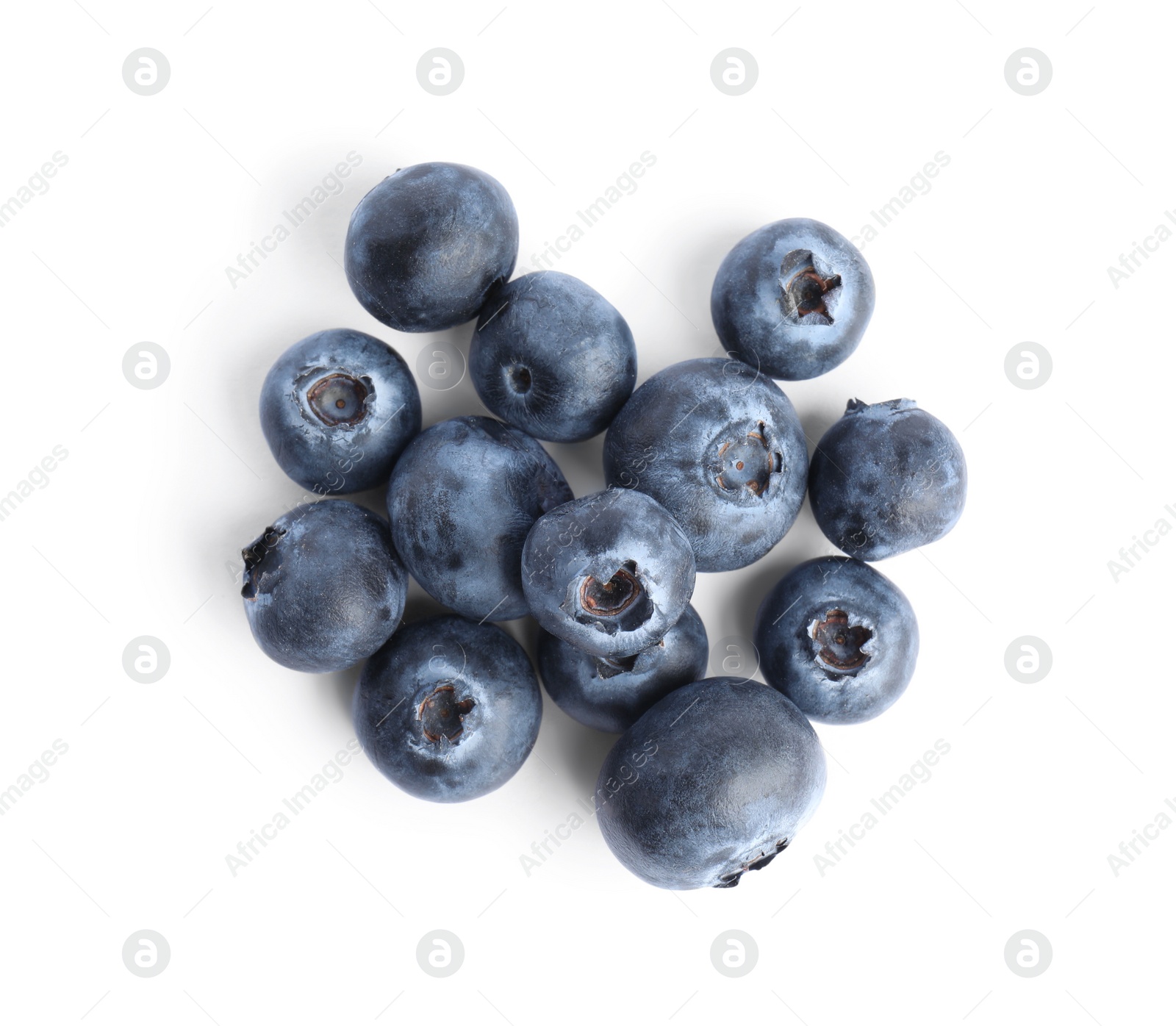 Photo of Fresh ripe blueberries on white background, top view