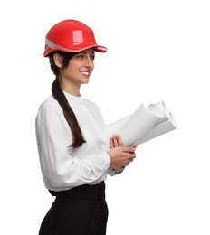 Photo of Architect with hard hat and drafts on white background