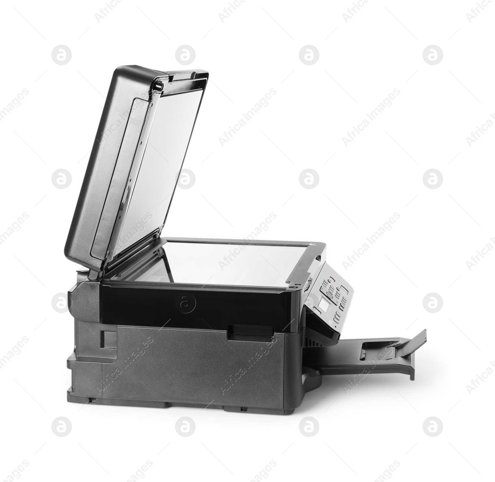 Photo of New open multifunction printer isolated on white