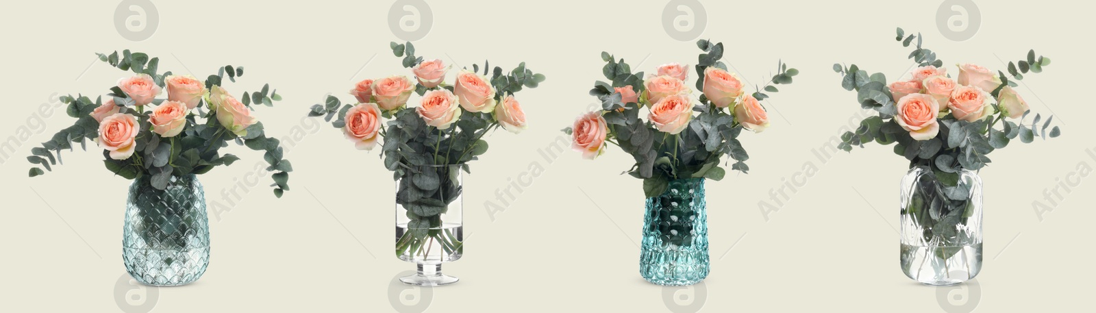 Image of Collage of stylish vases with beautiful bouquets on light background. Banner design