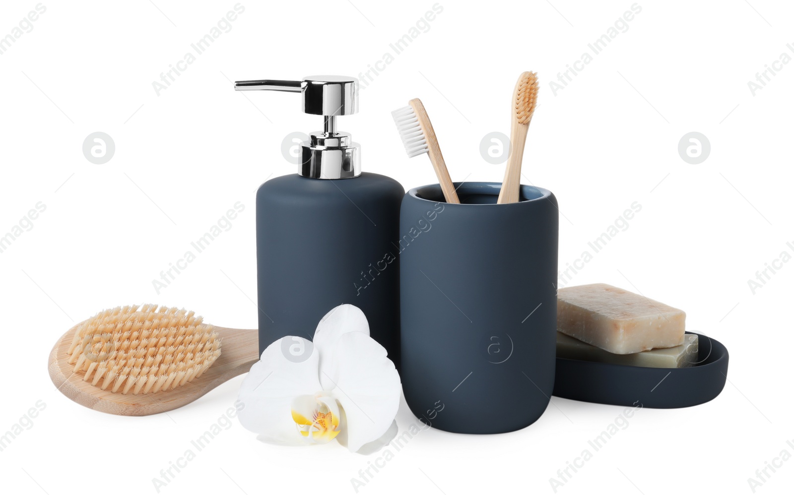 Photo of Bath accessories. Set of different personal care products and flower isolated on white