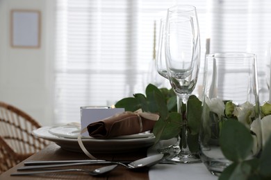 Festive table setting with beautiful tableware and decor indoors