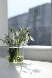 Beautiful snowdrop flowers in glass jar on windowsill, space for text