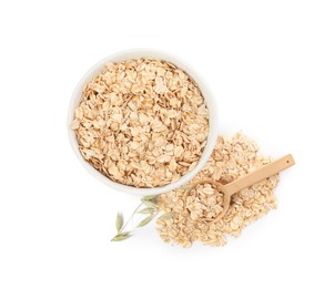 Photo of Oatmeal and branches with florets isolated on white, top view