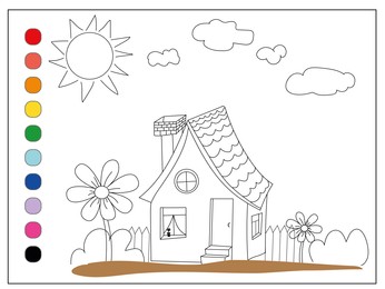 Cute house on white background, illustration. Coloring page