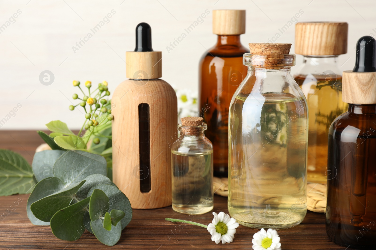 Photo of Aromatherapy. Different essential oils, eucalyptus leaves and flowers on wooden table