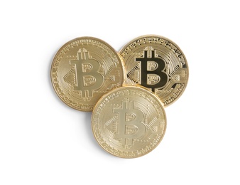 Photo of Bitcoins isolated on white, top view. Digital currency