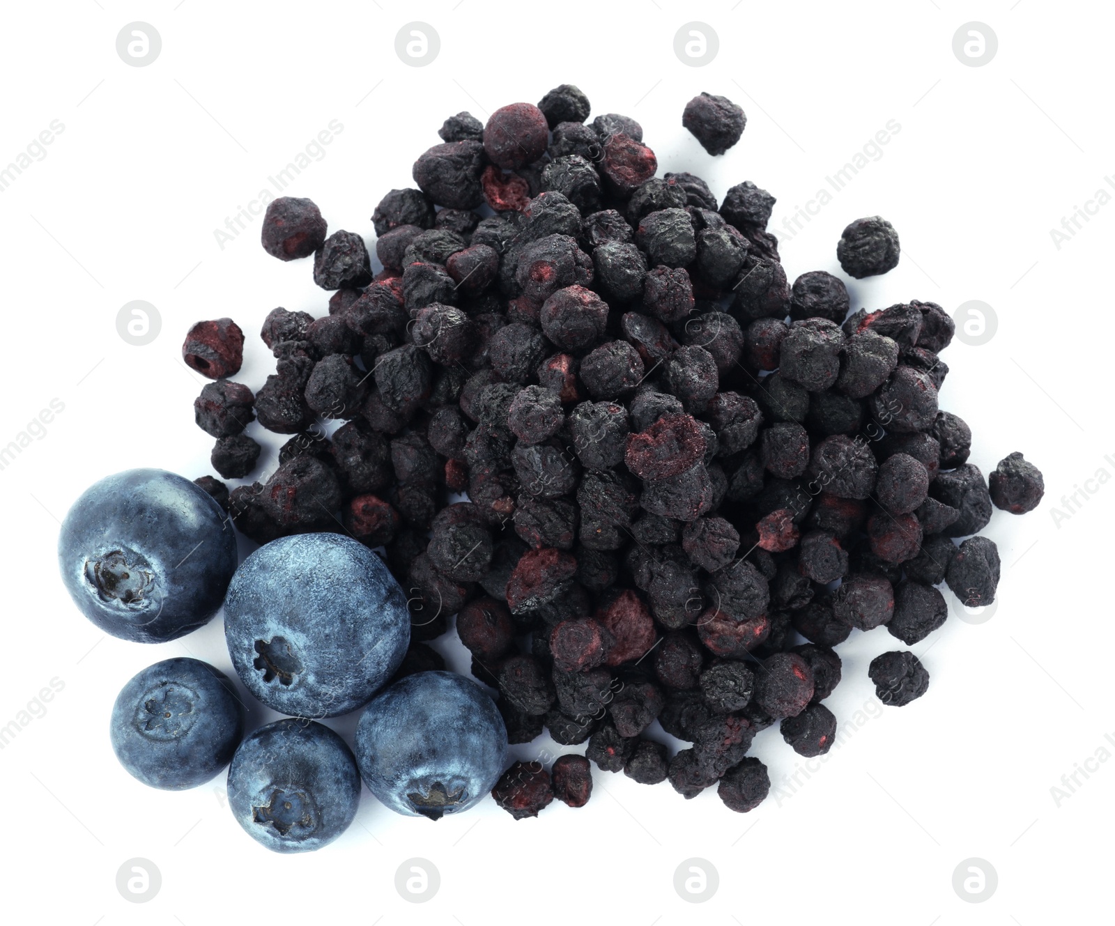 Photo of Sweet sublimated and fresh blueberries on white background, top view